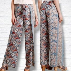 Anthropologie x Elevenses Seaflower Wide Leg Flowy Bird Print Pants Size 4